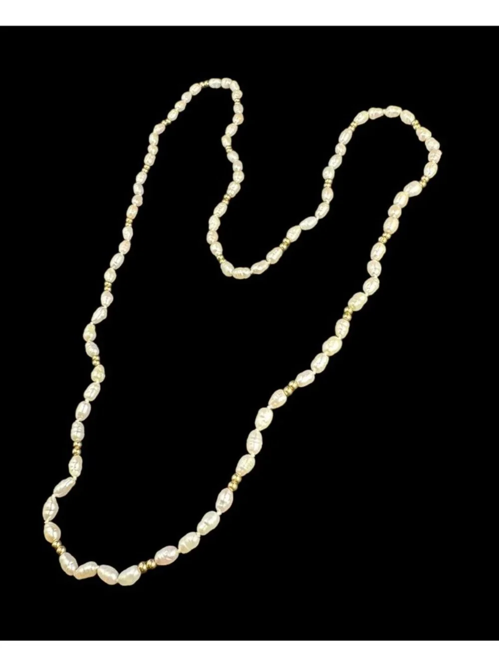 Necklace 10k Yellow Gold Beads And Rice Pearl Vintage 30 Inches Long